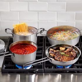 Stainless Steel Cookware Set Fast Even Heat Induction Pots Pans Set Dishwasher Safe with 2.7/3.7 Quart Stockpot 2 Quart Saucepan 9.17in Frying Pa